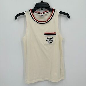 Junk Food Tank Top Womens XS‎ Cream Ringer Land Of The Fun Patriotic USA Summer